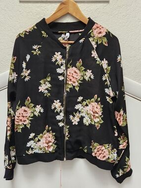 Live 4 Truth Floral Bomber Jacket Light Sheer Black Pink Rose Zip Front M